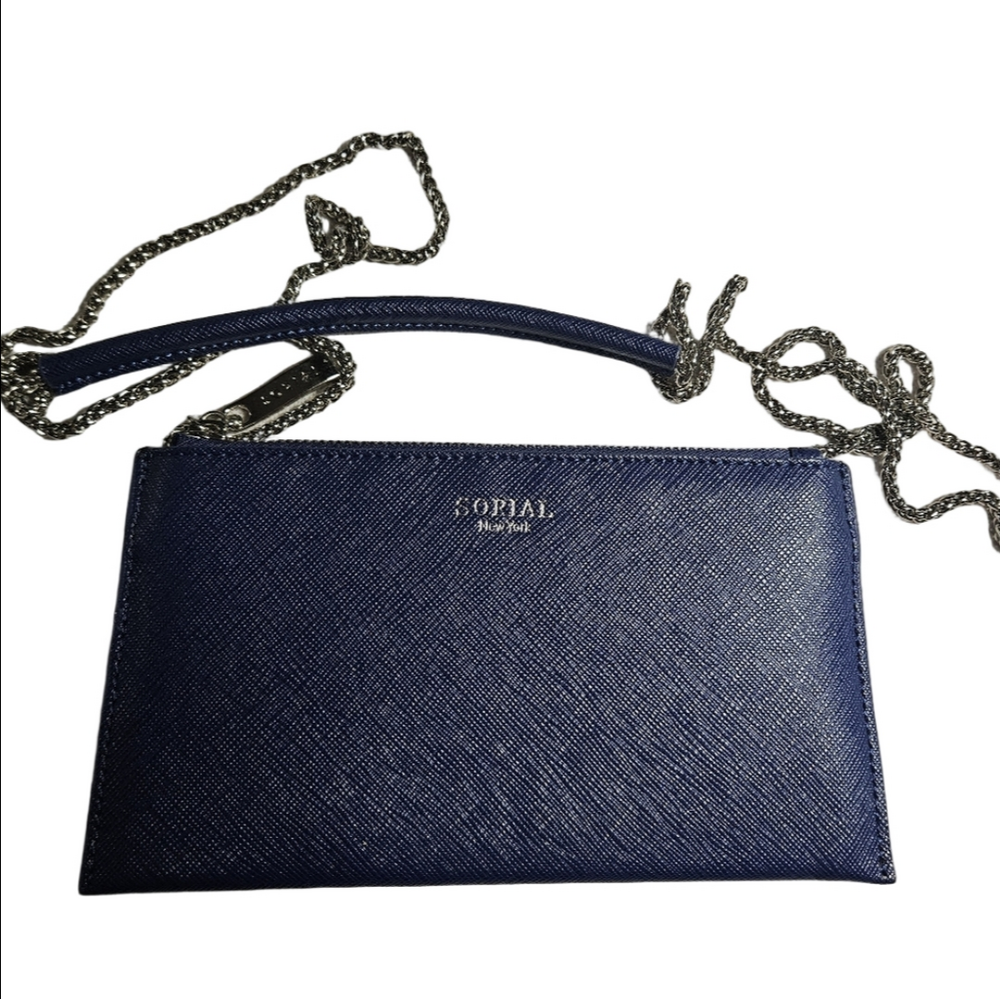 Sofial Blue Leather Wristlet with Chain Strap